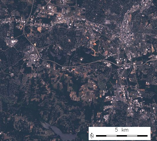 Uncorrected RGB composite of Landsat ETM channels B/G/R